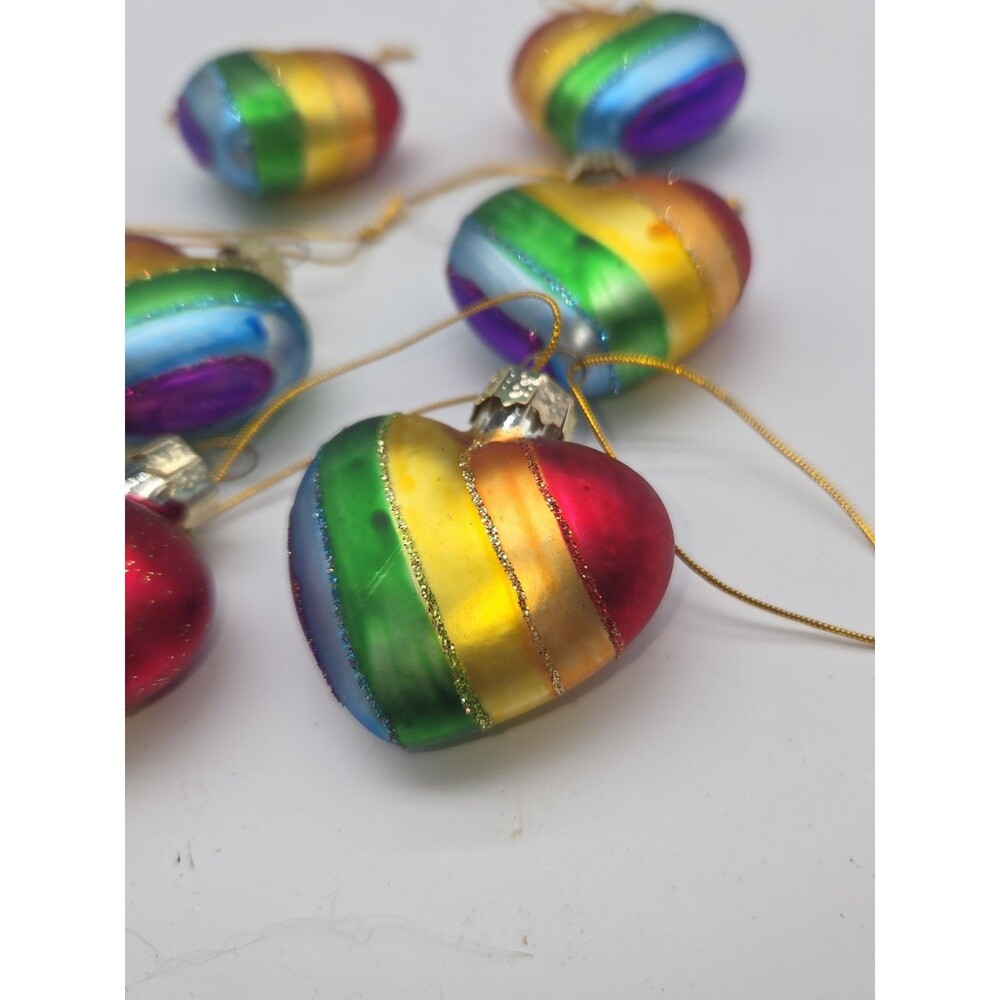 Lot Of 6 Pride Rainbow Love Heart Ornaments Blown Glass Hanging Glitter